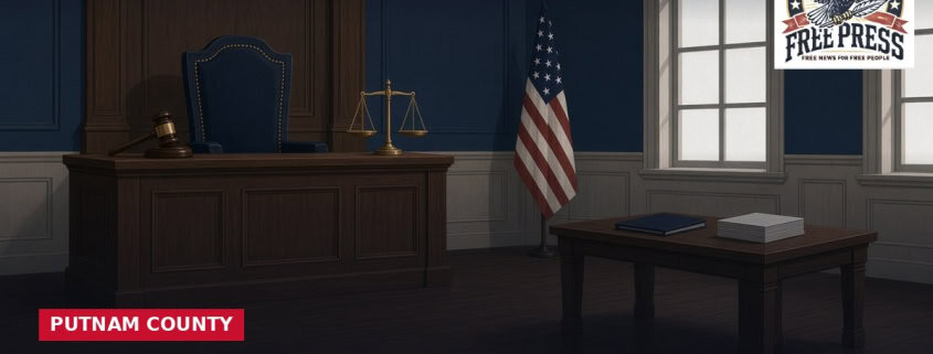 Fostoria News Empty courtroom with judge's bench, American flag, and large window.
